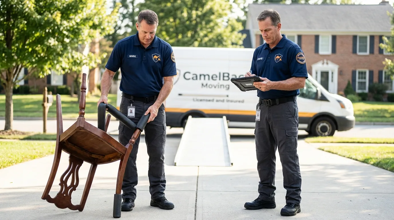 Movers inspecting furniture for damage prevention before loading in Shandon, CA